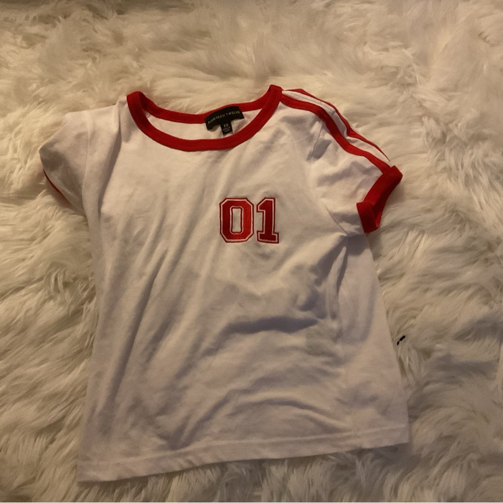 Red and White Short Sleeve Tee with Sporty Accents